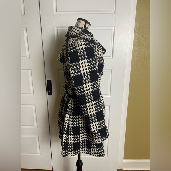 Express Black and White Houndstooth Belted Winter Pea Coat Y2K - Picture 3 of 8